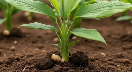 Young Spice Plant Sprouting from Rich Brown Soil in Field Agriculture