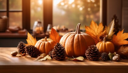 Autumnal Arrangement Of Pumpkins Leaves And Pinecones On A Table In Warm Light Setting Indoors Ai Generated