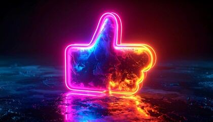 A vibrant neon thumbs-up icon glows with multi-colored light and internal effects. Set against a dark, textured background