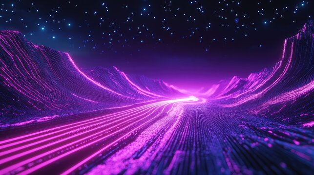Digital data stream road glowing in futuristic landscape - Powered by Adobe