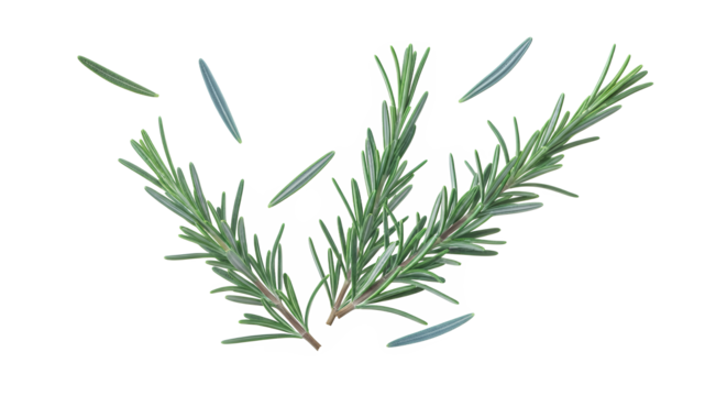 Aromatic and fresh rosemary branches with scattered individual leaves, presented cleanly on a white backdrop, perfect for cooking, gardening, or herbal themes