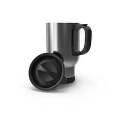 White insulated to-go mug standing on transparent background .