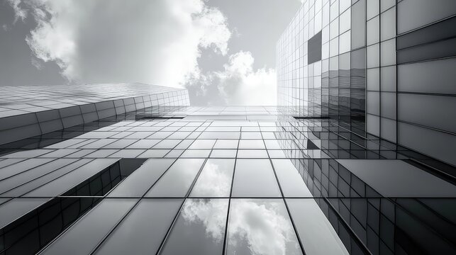 Modern building reflection featuring abstract glass facade and sky