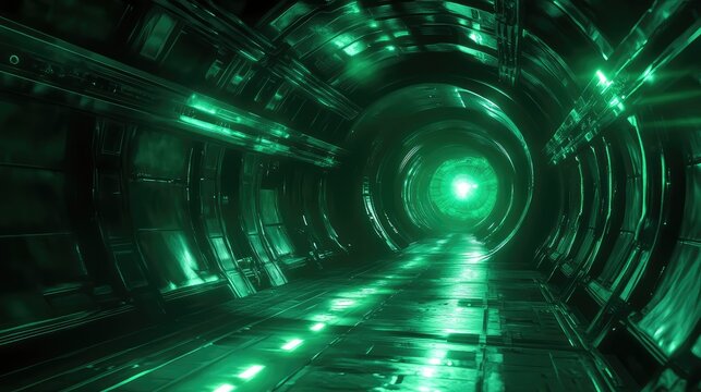 Futuristic metallic green light tunnel spaceship interior