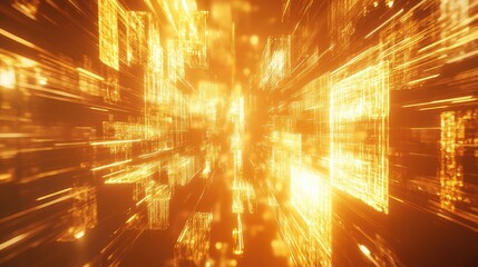 Digital golden data flowing through futuristic city grid