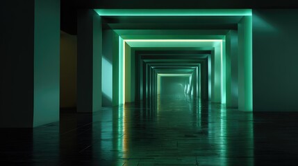 Fototapeta premium Futuristic corridor with glowing green neon lights