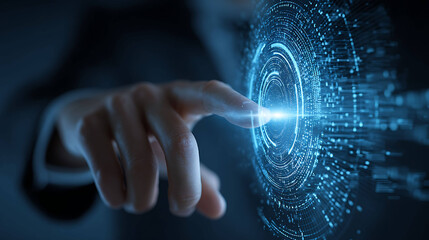 Corporate professional touching digital interface with glowing blue technology elements