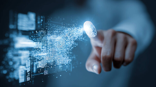 Executive leader using innovative digital touchscreen with abstract blue data graphics
- Powered by Adobe