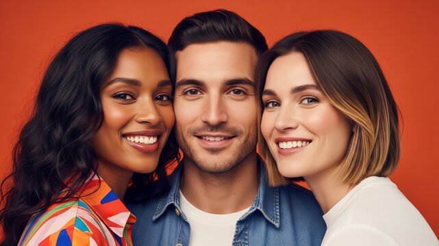 Portrait of Diverse Friends Smiling Against Orange Background - Powered by Adobe