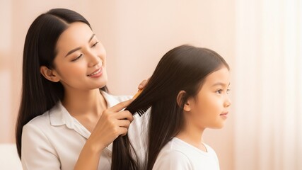 Loving Asian Mother Combing Daughter's Hair at Home