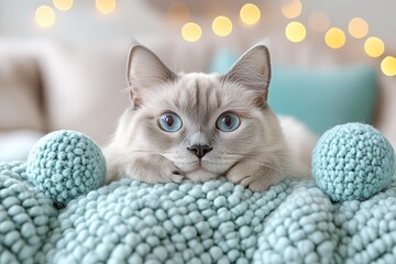 A light-colored Burmese cat with big blue eyes lying on a textured aqua blanket surrounded by cozy yarn balls indoors