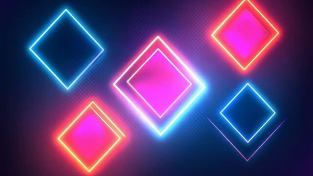 Dynamic neon rhombus shapes pulse with vibrant energy, creating a modern, abstract digital art backdrop for technology and design.
