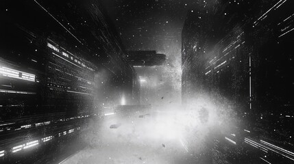 Futuristic dystopian cityscape with flying vehicles in dark atmosphere