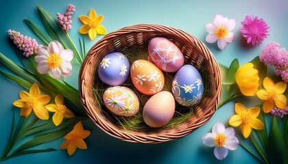 Beautiful Basket Of Decorated Easter Eggs Surrounded By Spring Flowers