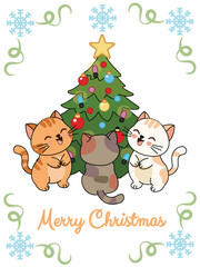 Cute kittens with a Christmas tree, Christmas spirit for cards and banners. Vector illustration.
