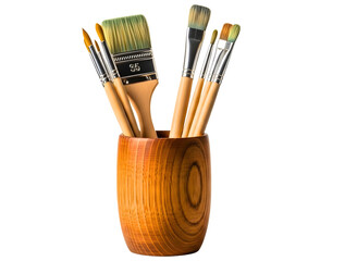 Various paint brushes in a wooden holder isolated on transparent background