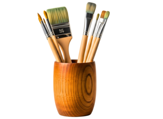 Various paint brushes in a wooden holder isolated on transparent background