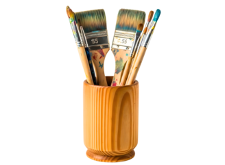 Paint brushes in a wooden cup isolated on transparent background