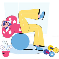Woman Exercising on Blue Stability Ball Wearing Pink Shirt and Yellow Pants with Dumbbells and Potted Plant Indoor Scene