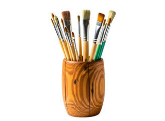Assortment of paint brushes in a wooden holder isolated on transparent background