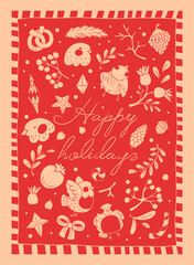 Christmas greeting card with hand drawn elements. Merry Christmas lettering.