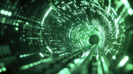 Navigating digital data tunnel with glowing green lines