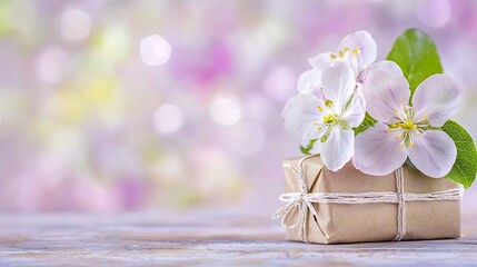 Calming congratulatory tone with gift and blooms surrounded by soft pastel glow