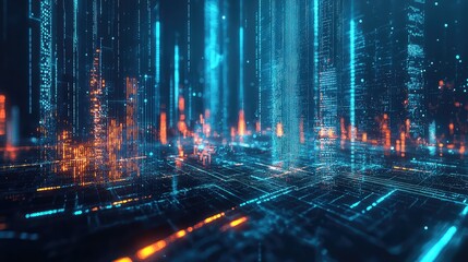 Fototapeta premium Digital cityscape with glowing data and network lines