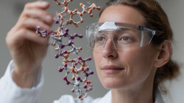 Researcher observes floating molecular structure with AR glasses in a modern lab setting