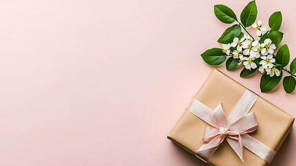 Soft romantic pink tone background with ribboned gift and blooming flower bouquet
