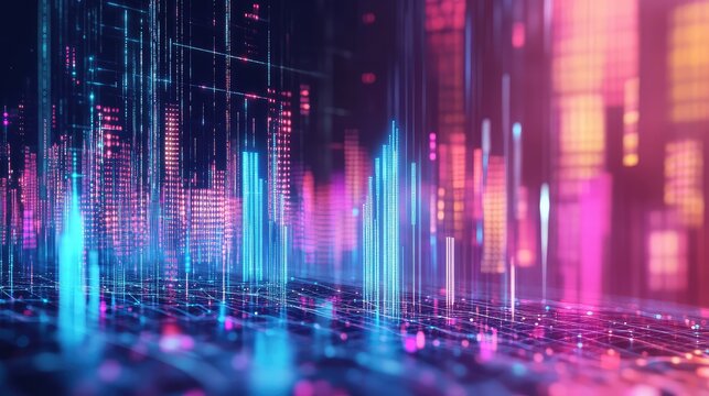 Digital cityscape representing data network and technological connection