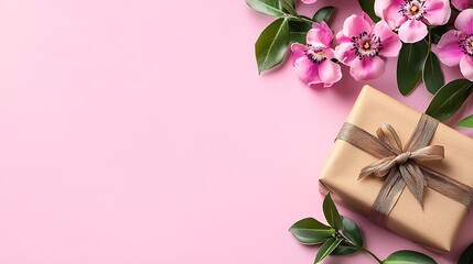 Romantic pink background showing flowers and wrapped gift arranged under warm light tone