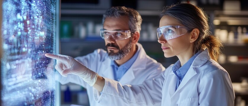 Scientists analyze data displayed on a transparent screen in a modern laboratory setting during an afternoon research session