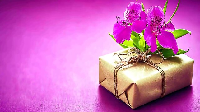 Bright pink romantic background showing flowers and gift accentuated by warm soft shadows