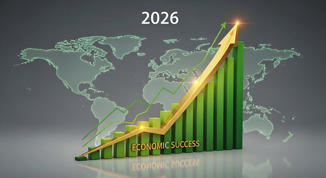3d icon of economic success forecast for 2026 with a growing chart and world map in the background