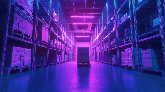 Futuristic warehouse interior with neon lighting and stored goods