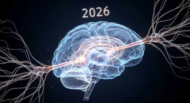 3d icon of brain activity in the year 2026 with neural network connections and glowing particles, representing future technology