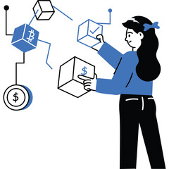Woman Interacting With Digital Blocks Representing Cryptocurrency And Finance With A Transparent Background