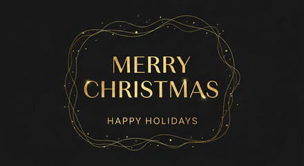 3d icon of elegant merry christmas and happy holidays golden text with decorative frame on black background