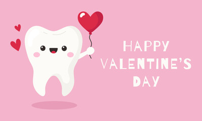 Cute tooth character with heart shaped balloon. Valentine's Day greeting card. Vector illustration