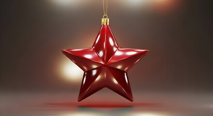 3d icon of a shiny red star christmas ornament hangs from a gold string, ready to decorate the christmas tree