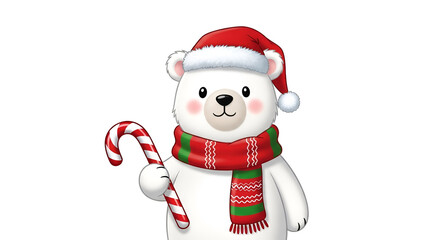 3d icon of cute polar bear wearing a santa hat and scarf, holding a candy cane, isolated on white background