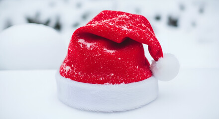3d icon of red santa claus hat covered in snow sitting on a snowy surface in a winter landscape