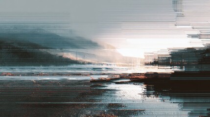 Glitch art sunset landscape with digital distortion and pixel sorting
