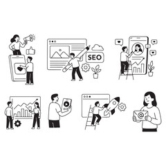 Set of people vector illustrations in various activities of internet marketing, web and app design and development, seo, social network. vector