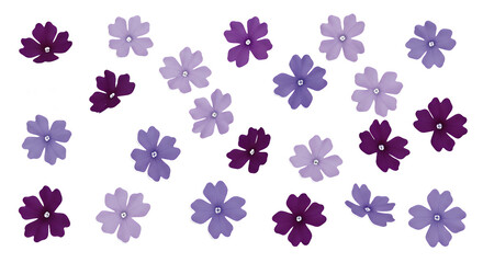 A scattering of delicate purple and lilac flowers on a white background, perfect for decorative purposes