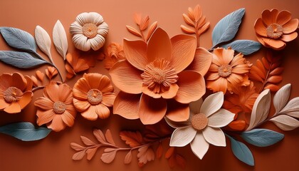 Clay Flowers On Terracotta Background Nature Inspired Artistic Composition