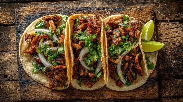 Top-down view of Mexican tripas tacos, Mexican Cuisine