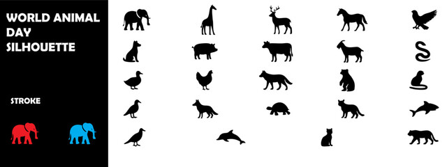 World Animal Day Silhouette Icon Set – Wildlife, Pets, Conservation & Nature Protection Vector