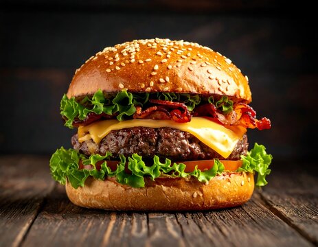 Close-up of a delicious burger with sesame bun and toppings
